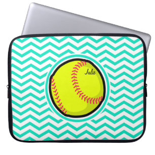 Softball; Aqua Grönt Chevron Laptop Sleeve