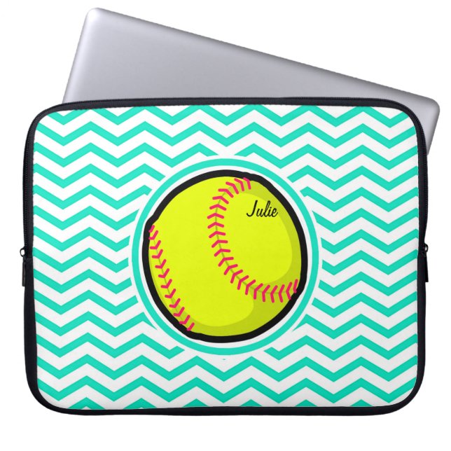 Softball; Aqua Grönt Chevron Laptop Sleeve (Framsidan)