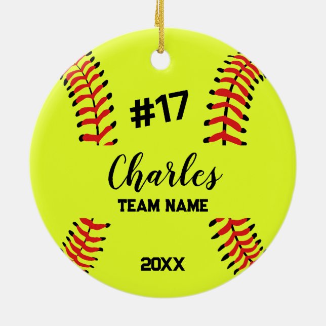 Softball Ball Player | Custom Name Number & Team Julgransprydnad Keramik (Baksidan)