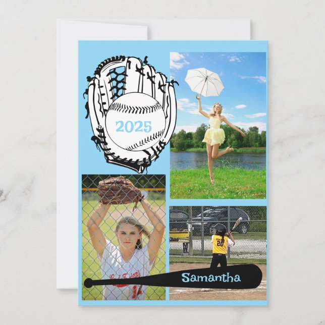 Softball/ Baseball 3 Photo Light Blue Studenten Inbjudningar (Framsida)