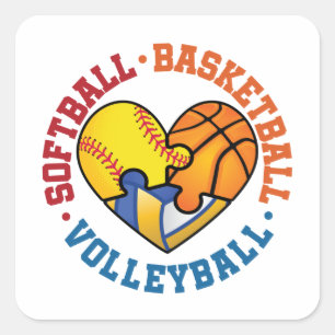 Softball Basketball Volleyball Heart Tre idrotter Fyrkantigt Klistermärke