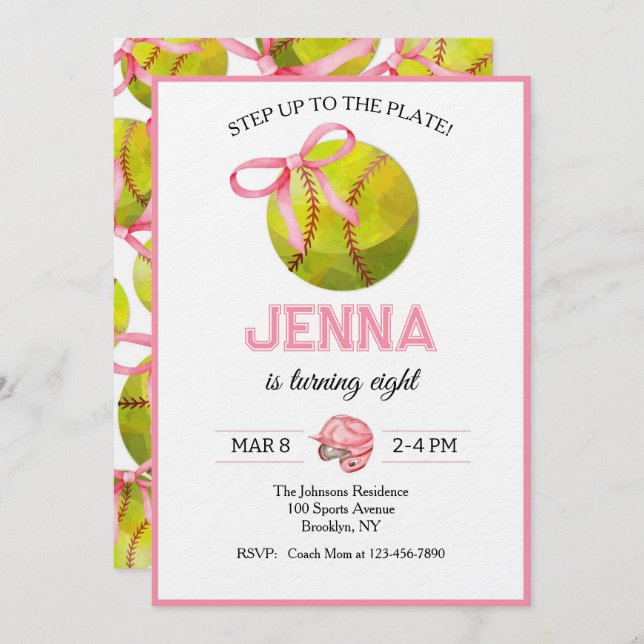 Softball Birthday Inbjudningar (Fram/baksida)