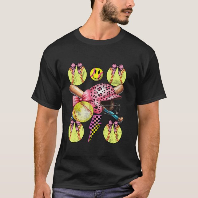 Softball Coquette Bows Game Day Softball Älskare T Shirt (Framsida)