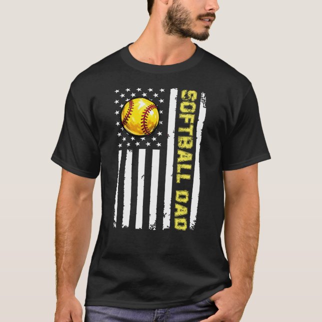 Softball Dad American Flag Design T Shirt (Framsida)