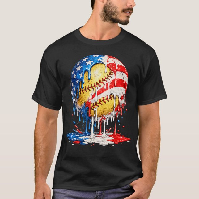 Softball Drip Glass Amerikansk Flagga 4 juli T Shirt (Framsida)