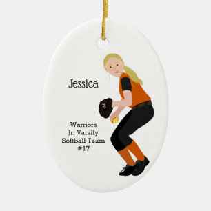Softball Female Blonde Black & Orange Julgransprydnad Keramik