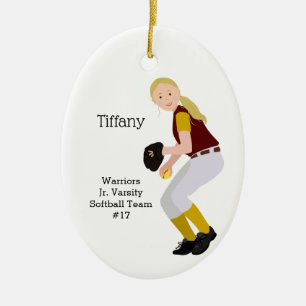 Softball Female Blonde Burgundy & Guld Julgransprydnad Keramik