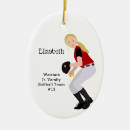 Softball Female Blonde Red & Black Julgransprydnad Keramik