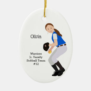 Softball Female Brunette Blue & White Julgransprydnad Keramik