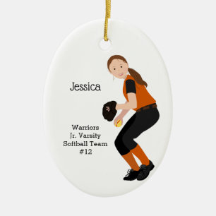 Softball Female Brunette Orange & Black Julgransprydnad Keramik