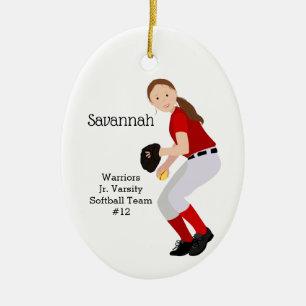 Softball Female Brunette Red & White Julgransprydnad Keramik