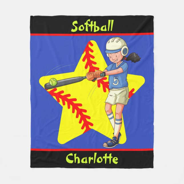 Softball Girls Star Batter Swing Personlig Fleecefilt (Framsidan)