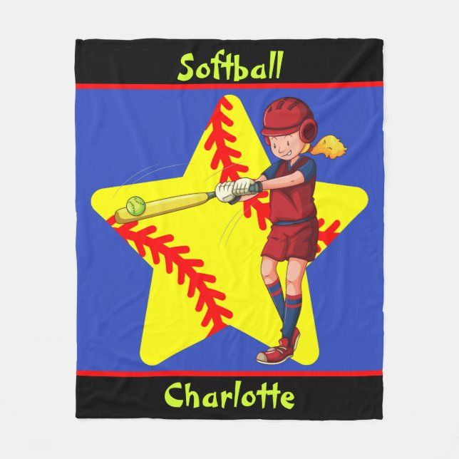 Softball Girls Star Batter Swing Personlig Fleecefilt (Framsidan)