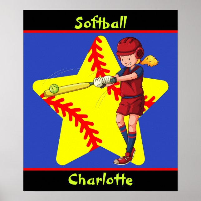 Softball Girls Star Batter Swing Personlig Poster (Framsidan)