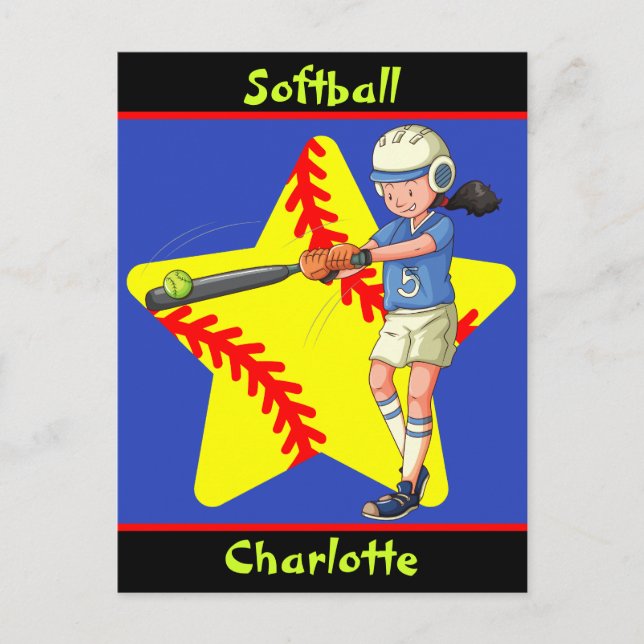 Softball Girls Star Batter Swing Personlig Vykort (Framsida)