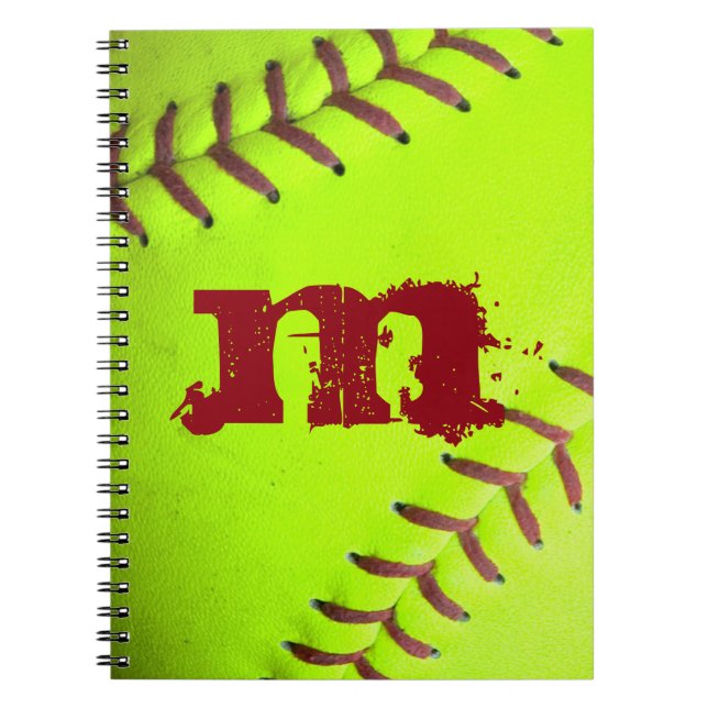 Softball Gult Fast Monogram Initial Note Bok Anteckningsbok Med Spiral (Framsidan)
