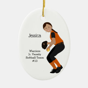 Softball kvinnlig Mörk, svart och Orange Julgransprydnad Keramik