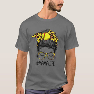 Softball Mamma Life Leopard Messy Bun Mors dag T Shirt