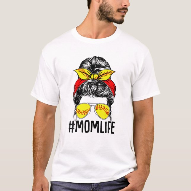 Softball Mamma Life Messy Bun Speldag Cheer Mamma  T Shirt (Framsida)