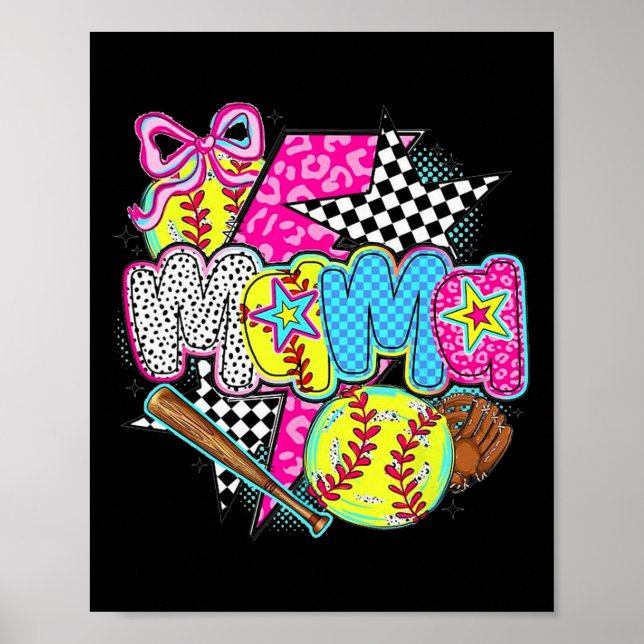 Softball Mamma Matchdag Leopard Rutig Mamma Retro Poster (Framsidan)