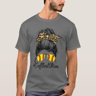 Softball Mamma med leopard och Messy Bun Baseb T Shirt