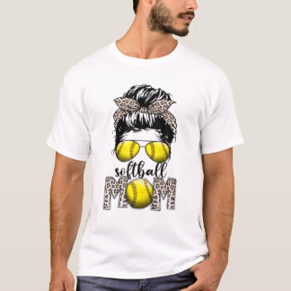 Softball Mamma Mors dag Leopard Messy Bun T Shirt