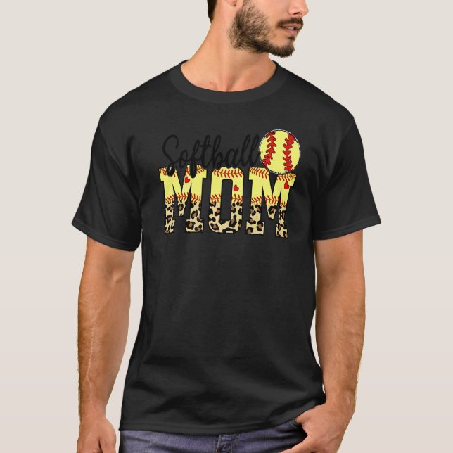 Softball och Mamma Red Heart med leopard för Mor T Shirt (Framsida)