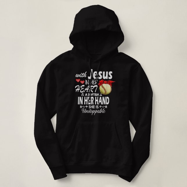 Softball Pitcher Hitter Catcher med Jesus i henne T Shirt (Design framsida)