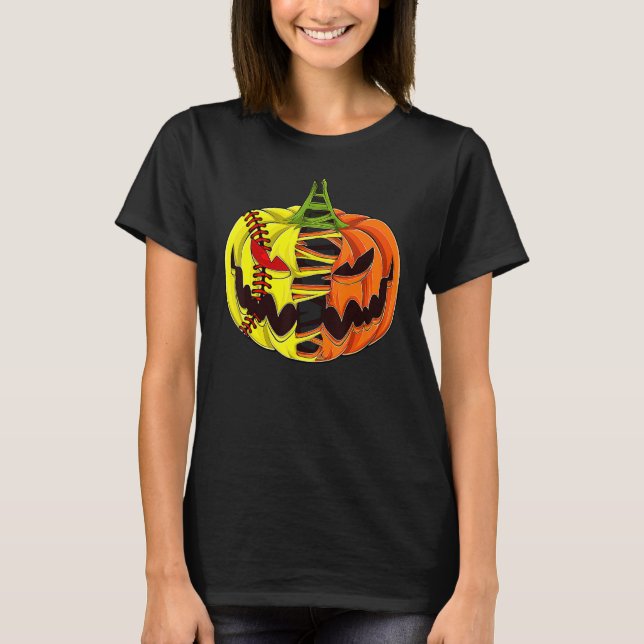 Softball Player Halloween Pumpkin Manar Boys Girls T Shirt (Framsida)