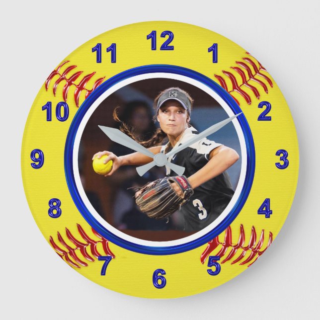 Softball Player's PHOTO Softball Clock, Blue Stor Klocka (Framsida)