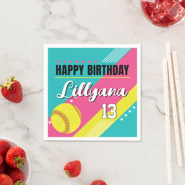 Softball Rosa Teal Gult Födelsedagsfest, alla åldr Pappersservett (Insitu)