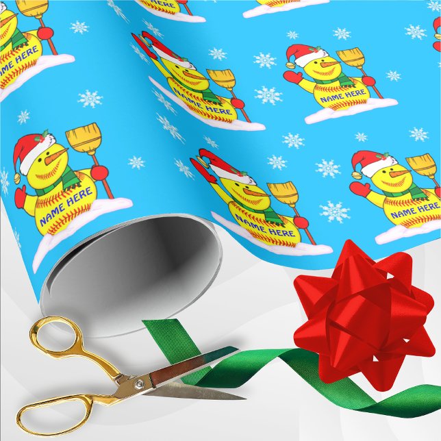 Softball Snögubbe Softball Wrapping Papper med NAM Presentpapper (Softball christmas wrapping paper. Wow your softball players with Personalized Softball Gift Wrap.)