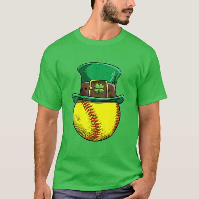 Softball St patricks day Boll Leprechaun Hat Catch T Shirt (Framsida)