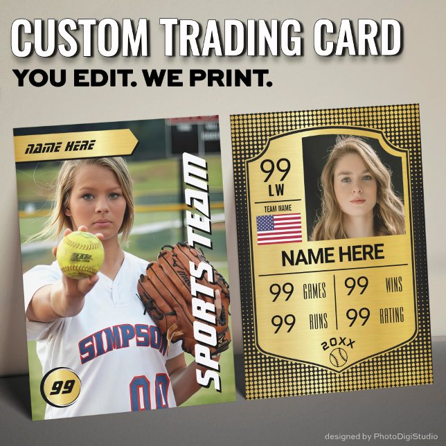 Softball Stats-kort för mjukvaruhandel (Custom Softball Trading Card, Gold Shield Player Card)