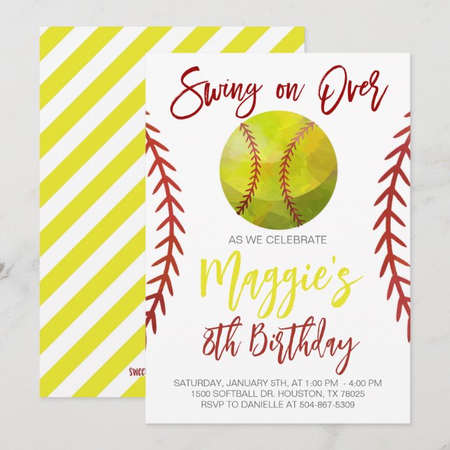 Softball Swing över Birthday Inbjudningar (Fram/baksida)