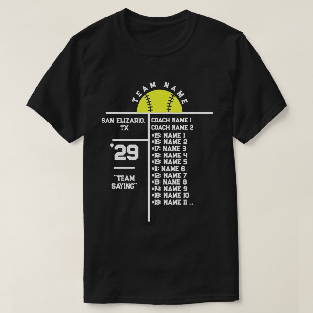 Softball Team Roster Anpassningsbar Player Namn &  T Shirt (Design framsida)