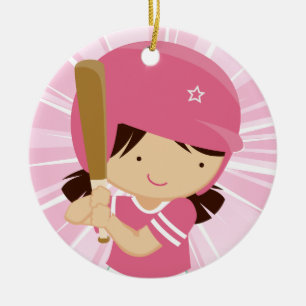 Softballflickasmet i rosor och vit julgransprydnad keramik