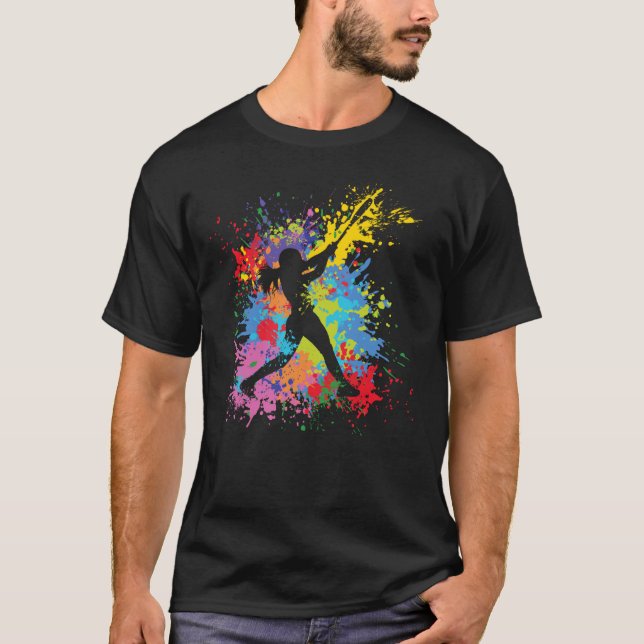 Softboll Färg Stänk Kul Softboll Spelare Flicka T Shirt (Framsida)