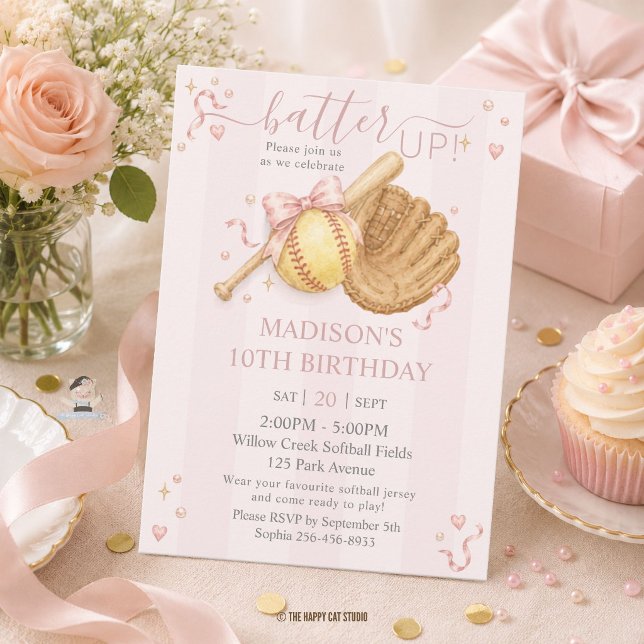 Softboll Flicka Rosa Båge Coquette Födelsedag Inbjudningar (Softball Girly Pink Bow Coquette Birthday Invitation card and digital instant download)