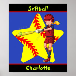 Softboll Flicka Stjärna Batter Sväng Personlig Poster