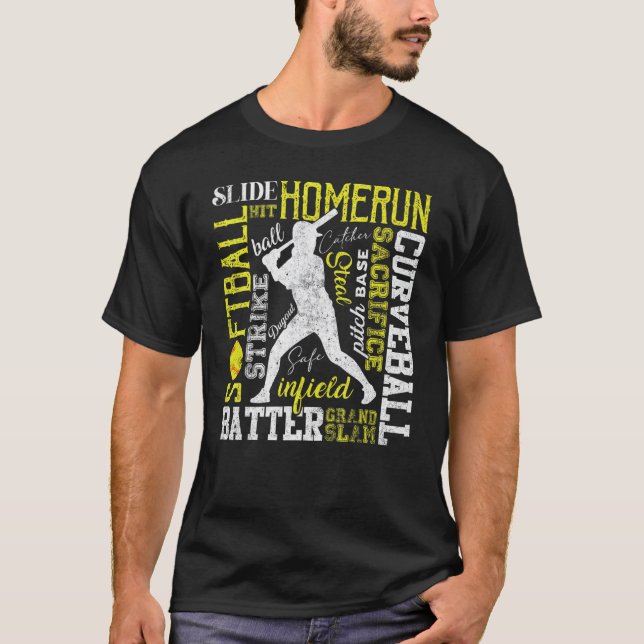 Softbollstypografi Ord   Slagman Pitcher Catcher T Shirt (Framsida)