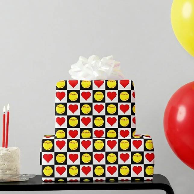 Softbullar och Hearts Fastpitch-spelare Presentpapper (Softball wrapping paper for fastpitch softball parties and events.)