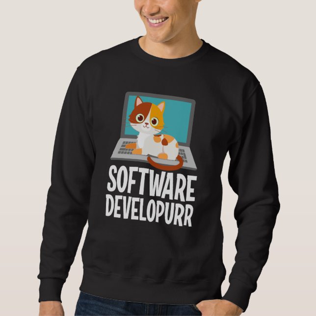 Software Developer Programming Joke Cute Cat Lapto Lång Ärmad Tröja (Framsida)