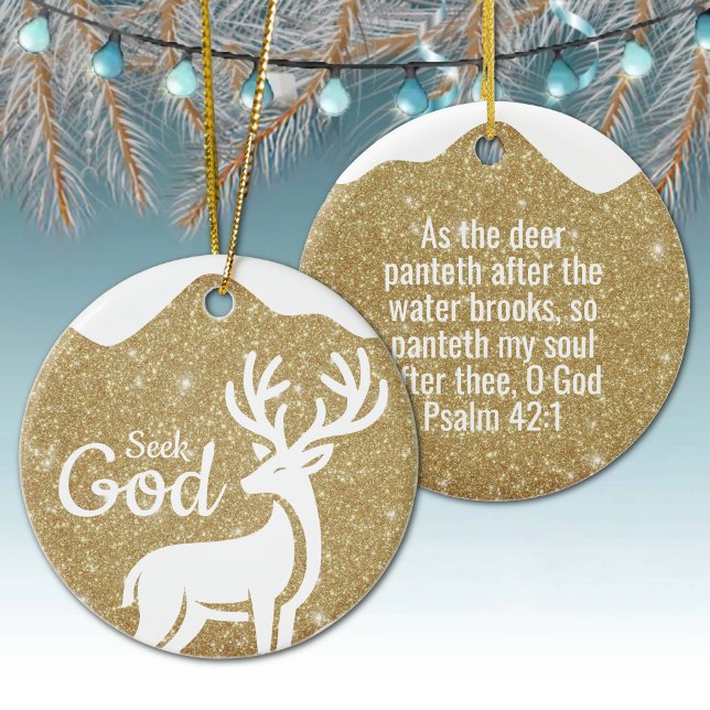 Sök Gud religiös högtid ⛪️ 🎄 Julgransprydnad Keramik (Custom Seek God, Bible Verse Festive Reindeer Devotional Ceramic Ornament Snow Golden Psalm 42:1 🦌✞)