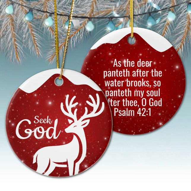 Sök Gud religiös högtid ⛪️ 🎄 Julgransprydnad Keramik (Editable Seek God, Scripture Festive Reindeer Gospel Ceramic Ornament Red Berry Deer Psalm 42:1 🦌✞)