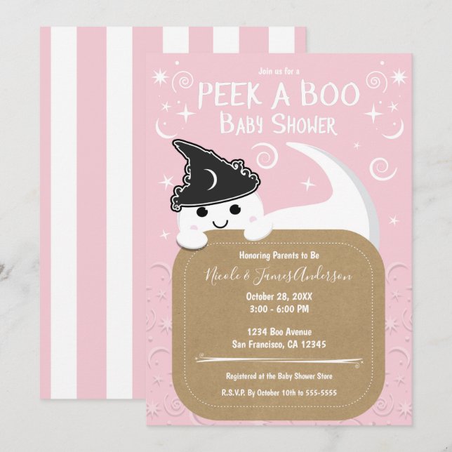 Sök i BOO Ghost Witch Rosa Halloween Baby Shower Inbjudningar (Fram/baksida)