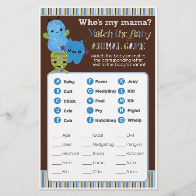 Sök i en Boo Monsters Baby Shower Game Animal Matc (Framsida)