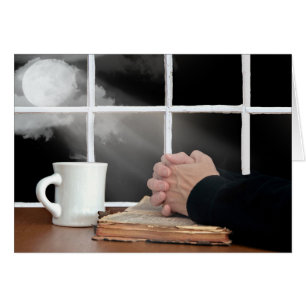 Sökande Händer på Bibeln med Måne Hälsningskort