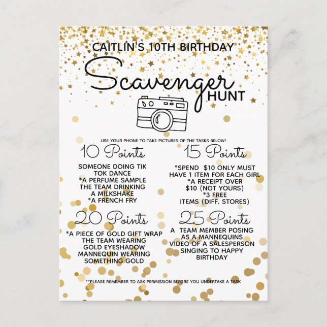 Söklek för köpcentrumfest för tonåringar guld meddelande vykort (Framsida)