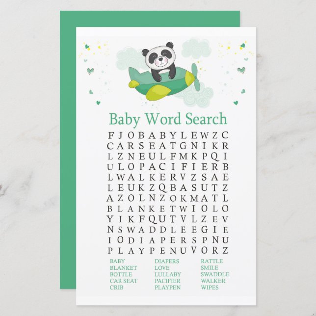 Sökordslek för baby shower med söt panda (Fram/baksida)